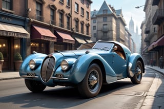 A 1950 Bugatti supercar, dieselpunk city background, afternoon, dieselpunk retrofuturism, blue paint,(masterpiece, best quality, ultra detailed), (high resolution, 8K, UHD, HDR),photorealistic