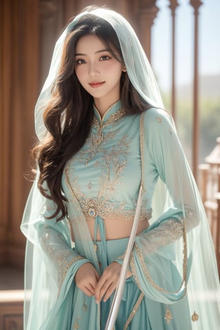 ancient persian palace,16 yo,1 girl,beautiful girl,hair_past_waist,very long hair,curly hair,dark brown hair,blue eyes,wearing persian outfits,wearing transparent veil,transparent face veil,accessories,smile,she is holding 2 swords,Best Quality, 32k, photorealistic, ultra-detailed, finely detailed, high resolution, perfect dynamic composition, beautiful detailed eyes, sharp-focus, cowboy shot,Veil,Asia