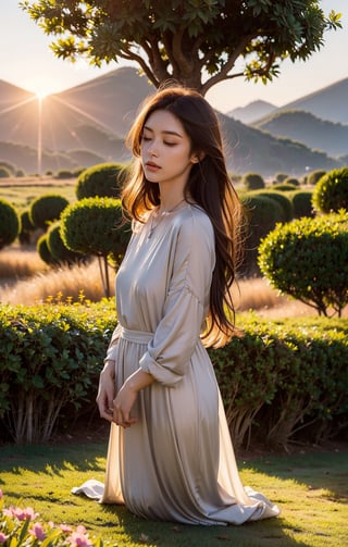 A side-view portrait of a woman praying in front of an altar that resembles a lion, set in an open field with views of majestic mountains at sunset. The woman has long, flowing auburn hair and appears to be in her late twenties. She is wearing a flowing white dress and a delicate silver necklace. Her eyes are closed, and her hands are clasped in prayer. Her profile is softly illuminated by the warm, golden light of the setting sun, which highlights her serene expression. The altar, adorned with intricate lion carvings, stands majestically beside her. The field is filled with tall grass and wildflowers swaying gently in the breeze. In the distance, the towering mountains are bathed in the soft, warm glow of the sunset. The sunlight creates long, soft shadows, casting a tranquil and reverent atmosphere. The gentle breeze rustles the grass, and the air is filled with the fresh scent of wildflowers. The sounds of the distant wind and occasional bird calls add to the peaceful ambiance, creating an atmosphere of calm and spiritual serenity,Asia