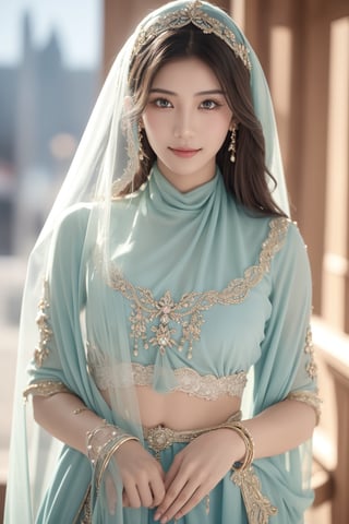 ancient persian palace,16 yo,1 girl,beautiful girl,hair_past_waist,very long hair,curly hair,dark brown hair,blue eyes,wearing persian outfits,wearing transparent veil,transparent face veil,accessories,smile,she is holding 2 swords,Best Quality, 32k, photorealistic, ultra-detailed, finely detailed, high resolution, perfect dynamic composition, beautiful detailed eyes, sharp-focus, cowboy shot,Veil,Asia