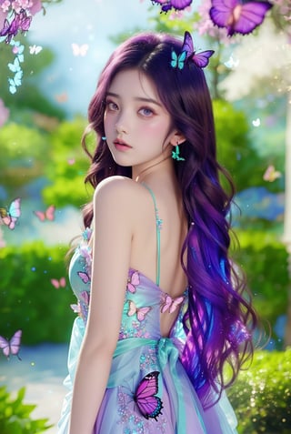 The image appears to be a digital artwork featuring a young woman, created in a highly realistic yet slightly fantasy style. The focal point of the composition is the woman, wearing a flowing purple and aqua ombre gown with floral detailing, looking back. She is surrounded by butterflies in colorful lights that match her outfit. The background is a soft blur of aqua blue and purple, suggesting a dreamy garden setting. The lighting highlights her soft features and adds a magical glow to the scene, enhancing the ethereal quality of the artwork. Small sparkling details and soft changes of light and shadow give the images a whimsical and enchanting atmosphere.