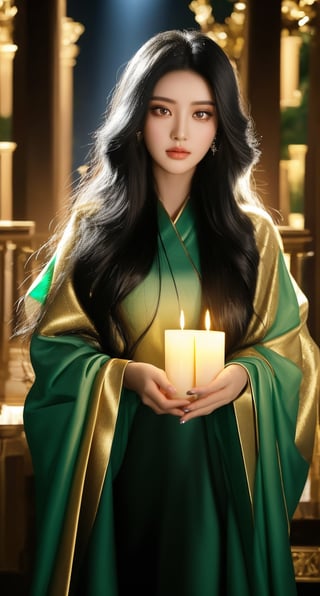 A majestic eqyptian princess , her long black hair cascading down like a waterfall of night. Her piercing eyes sparkle like emeralds in the soft golden light of a thousand candles, as she gazes out into the distance with an air of quiet confidence and mystery. detailed face, 