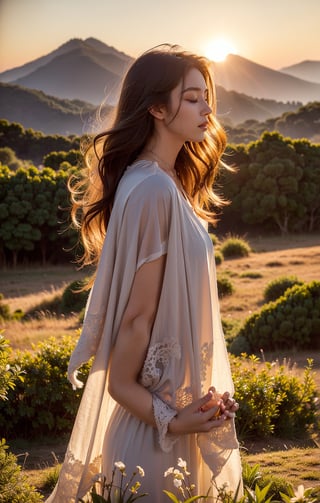 A side-view portrait of a woman praying in front of an altar that resembles a lion, set in an open field with views of majestic mountains at sunset. The woman has long, flowing auburn hair and appears to be in her late twenties. She is wearing a flowing white dress and a delicate silver necklace. Her eyes are closed, and her hands are clasped in prayer. Her profile is softly illuminated by the warm, golden light of the setting sun, which highlights her serene expression. The altar, adorned with intricate lion carvings, stands majestically beside her. The field is filled with tall grass and wildflowers swaying gently in the breeze. In the distance, the towering mountains are bathed in the soft, warm glow of the sunset. The sunlight creates long, soft shadows, casting a tranquil and reverent atmosphere. The gentle breeze rustles the grass, and the air is filled with the fresh scent of wildflowers. The sounds of the distant wind and occasional bird calls add to the peaceful ambiance, creating an atmosphere of calm and spiritual serenity,Asia