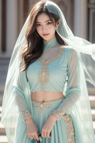 ancient persian palace,16 yo,1 girl,beautiful girl,hair_past_waist,very long hair,curly hair,dark brown hair,blue eyes,wearing persian outfits,wearing transparent veil,transparent face veil,accessories,smile,she is holding 2 swords,Best Quality, 32k, photorealistic, ultra-detailed, finely detailed, high resolution, perfect dynamic composition, beautiful detailed eyes, sharp-focus, cowboy shot,Veil,Asia