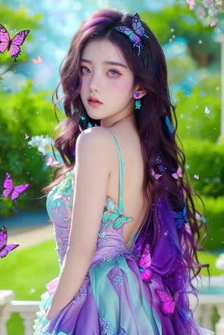 The image appears to be a digital artwork featuring a young woman, created in a highly realistic yet slightly fantasy style. The focal point of the composition is the woman, wearing a flowing purple and aqua ombre gown with floral detailing, looking back. She is surrounded by butterflies in colorful lights that match her outfit. The background is a soft blur of aqua blue and purple, suggesting a dreamy garden setting. The lighting highlights her soft features and adds a magical glow to the scene, enhancing the ethereal quality of the artwork. Small sparkling details and soft changes of light and shadow give the images a whimsical and enchanting atmosphere.