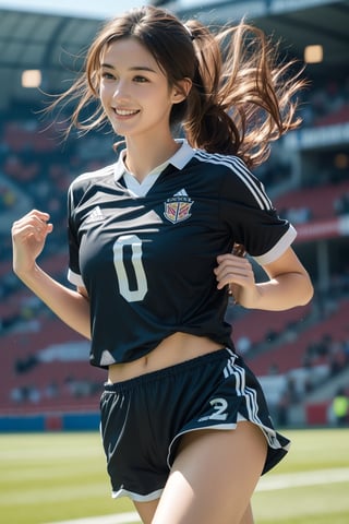 background is stadium,soccer,16 yo,beautiful girl,soccer player,long ponytail,hair band,curly hair,dark brown hair,wearing soccer uniform(uniform number),she is running on field,smile,Best Quality, 32k, photorealistic, ultra-detailed, finely detailed, high resolution, perfect dynamic composition, beautiful detailed eyes, sharp-focus, cowboy shot,