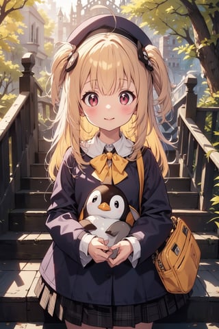 masterpiece,illustration,ray tracing,finely detailed,best detailed,Clear picture,intricate details,highlight,
anime,
gothic architecture,
looking at viewer,

nature,gothic architecture,bird,the lakeside in the heart of the forest,the staircase of the balcony,

NikkeRei,
1girl,loli,baby,long hair,hat,light blonde hair,
yellow bow,yellow bag,skirt,upper body,
NikkePenguin,Penguin,