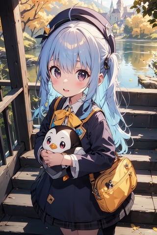 masterpiece,illustration,ray tracing,finely detailed,best detailed,Clear picture,intricate details,highlight,
anime,
gothic architecture,
looking at viewer,

nature,gothic architecture,bird,the lakeside in the heart of the forest,the staircase of the balcony,

NikkeRei,
1girl,loli,baby,long hair,hat,light blue hair,blue eyes,yellow bow,yellow bag,skirt,upper body,
NikkePenguin,Penguin,