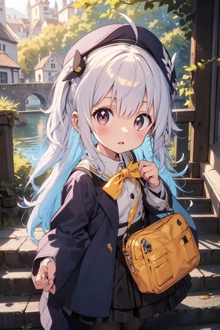 masterpiece,illustration,ray tracing,finely detailed,best detailed,Clear picture,intricate details,highlight,
anime,
gothic architecture,
looking at viewer,

nature,gothic architecture,bird,the lakeside in the heart of the forest,the staircase of the balcony,

NikkeRei,
1girl,loli,baby,long hair,hat,white hair,blue eyes,yellow bow,yellow bag,skirt,upper body,
NikkePenguin,Penguin,