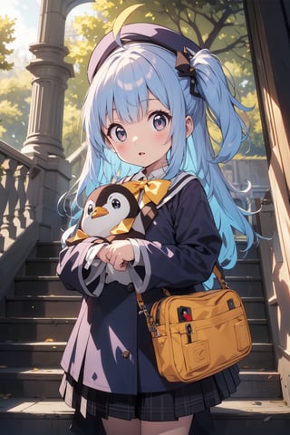 masterpiece,illustration,ray tracing,finely detailed,best detailed,Clear picture,intricate details,highlight,
anime,
gothic architecture,
looking at viewer,

nature,gothic architecture,bird,the lakeside in the heart of the forest,the staircase of the balcony,

NikkeRei,
1girl,loli,baby,long hair,hat,light blue hair,blue eyes,yellow bow,yellow bag,skirt,upper body,
NikkePenguin,Penguin,