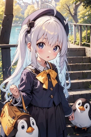 masterpiece,illustration,ray tracing,finely detailed,best detailed,Clear picture,intricate details,highlight,
anime,
gothic architecture,
looking at viewer,

nature,gothic architecture,bird,the lakeside in the heart of the forest,the staircase of the balcony,

NikkeRei,
1girl,loli,baby,long hair,hat,white hair,blue eyes,yellow bow,yellow bag,skirt,upper body,
NikkePenguin,Penguin,