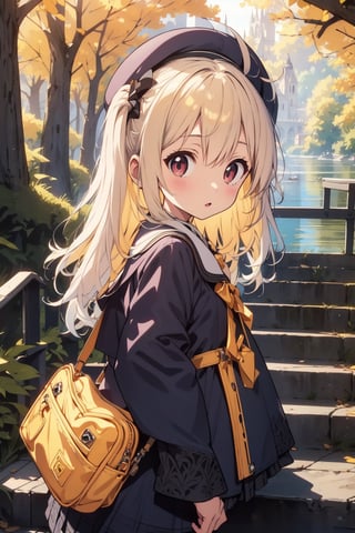 masterpiece,illustration,ray tracing,finely detailed,best detailed,Clear picture,intricate details,highlight,
anime,
gothic architecture,
looking at viewer,

nature,gothic architecture,bird,the lakeside in the heart of the forest,the staircase of the balcony,

NikkeRei,
1girl,loli,baby,long hair,hat,light blonde hair,
yellow bow,yellow bag,skirt,upper body,
NikkePenguin,Penguin,