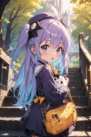 masterpiece,illustration,ray tracing,finely detailed,best detailed,Clear picture,intricate details,highlight,
anime,
gothic architecture,
looking at viewer,

nature,gothic architecture,bird,the lakeside in the heart of the forest,the staircase of the balcony,

NikkeRei,
1girl,loli,baby,long hair,hat,purple hair,blue eyes,yellow bow,yellow bag,skirt,upper body,
NikkePenguin,Penguin,