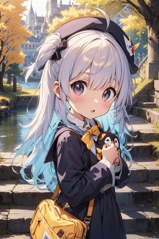 masterpiece,illustration,ray tracing,finely detailed,best detailed,Clear picture,intricate details,highlight,
anime,
gothic architecture,
looking at viewer,

nature,gothic architecture,bird,the lakeside in the heart of the forest,the staircase of the balcony,

NikkeRei,
1girl,loli,baby,long hair,hat,white hair,blue eyes,yellow bow,yellow bag,skirt,upper body,
NikkePenguin,Penguin,