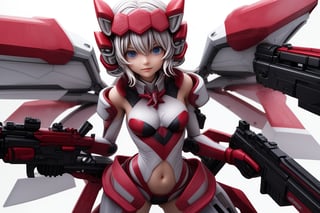 YukineChris,mechskirt, holding 2guns(gattling guns), multiple explosions in the background, close_up on face, More Detail,mecha musume,porcelain_art