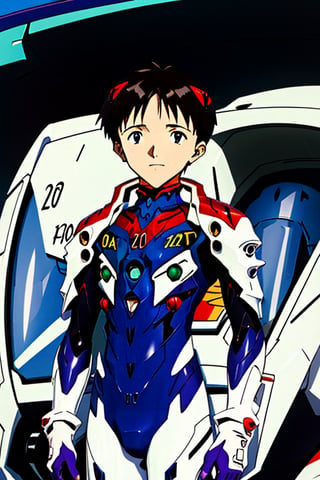 Shinji ikari piloting eva01(evangelion mecha) as a baby. Baby Shinji is seen in the cockpit in his plugsuit with a diaper over his waist. Zoomed out to see eva01(evangelion Mecha) resembles his mother(yui ikari)