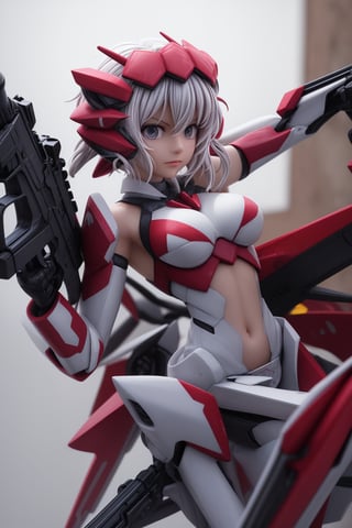 YukineChris,mechskirt, holding 2guns(gattling guns), multiple explosions in the background, close_up on face, More Detail,mecha musume,porcelain_art,add detail, Energy light particle mecha, score_9_up, score_8_up,score_7_up,3D