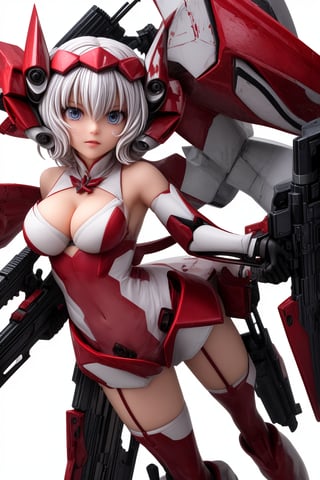 YukineChris,mechskirt, holding 2guns(gattling guns), multiple explosions in the background, close_up on face, More Detail,mecha musume,porcelain_art,add detail