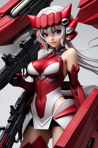 YukineChris,mechskirt, holding 2guns(gattling guns), multiple explosions in the background, close_up on face, More Detail,mecha musume,porcelain_art,add detail