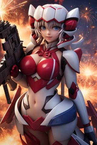 YukineChris,mechskirt, holding 2guns(gattling guns), multiple explosions in the background, close_up on face, More Detail,mecha musume,porcelain_art,add detail, Energy light particle mecha, score_9_up, score_8_up,score_7_up,3D