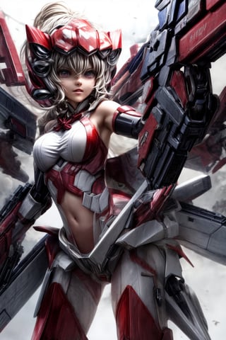 YukineChris,mechskirt, holding 2guns(gattling guns), multiple explosions in the background, close_up on face, More Detail,mecha musume,