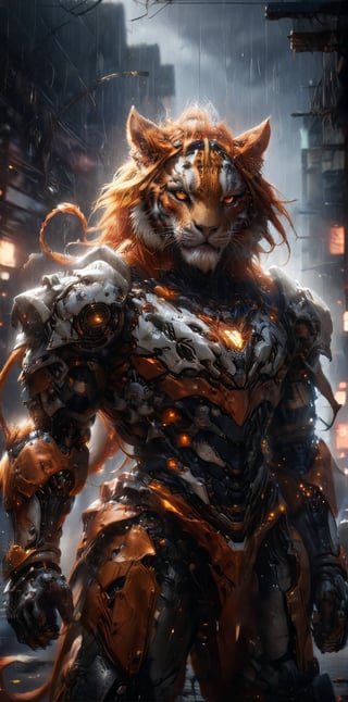 solo, long hair, looking at viewer, 1lion, animal ears, male focus, orange hair, armor, blurry, muscular, feet out of frame, scar, pectorals, muscular male, shoulder white armor, bara, pelvic curtain, furry, clenched hands, large pectorals, rain, furry male, tiger ears, lion boy, orange fur, mechanical arms,TR mecha style, (score_9, score_8_up, score_7_up, score_6_up), Dragon,SDXL