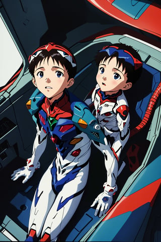 multiple_views,1boy

Shinji ikari piloting eva01(evangelion mecha) as a baby. 

Baby Shinji is seen in the cockpit in his plugsuit and diaper., 

the veiw from above to see shinji ikari's (evangelion mecha) looks like his mother(yui ikari)., multiple_views