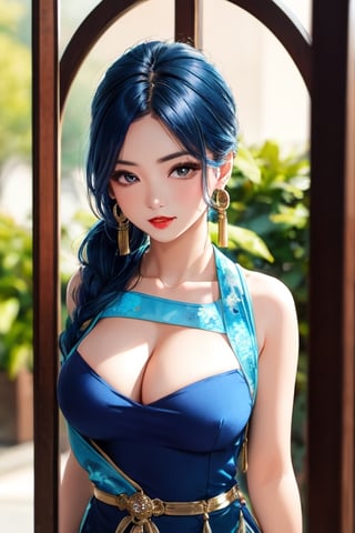 1girl, solo, high ponytail, looking at viewer, sapphire eyes, blue hair, hair accessory, , cleavage,jewellery, large breasts, collarbone, upper body, earrings, outdoors, transparent gold dress, blurred, lips, belt, window , background materialization, transparent golden Hanfu, plants, tassels, red lips, WeChat, no teeth