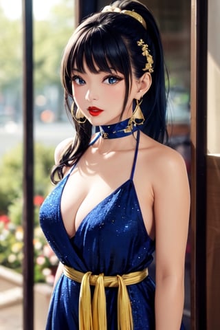 1girl, solo, high ponytail, looking at viewer, sapphire eyes, blue hair, hair accessory, , cleavage,jewellery, large breasts, collarbone, upper body, earrings, outdoors, transparent gold dress, blurred, lips, belt, window , background materialization, transparent golden Hanfu, plants, tassels, red lips, WeChat, no teeth