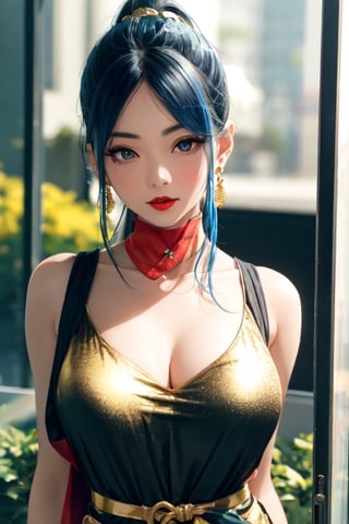 1girl, solo, high ponytail, looking at viewer, sapphire eyes, blue hair, hair accessory, , cleavage,jewellery, large breasts, collarbone, upper body, earrings, outdoors, transparent gold dress, blurred, lips, belt, window , background materialization, transparent golden Hanfu, plants, tassels, red lips, WeChat, no teeth