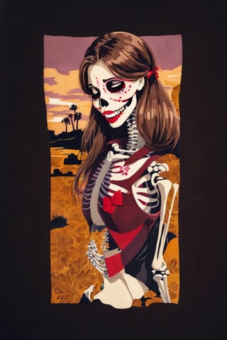 1girl, long hair, open mouth, brown hair, holding, teeth, dated, makeup, traditional media, lipstick, red lips, skeleton, bone