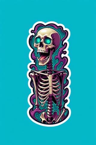 solo, open mouth, simple background, no humans, blue background, green background, outline, white outline, skeleton, aqua background