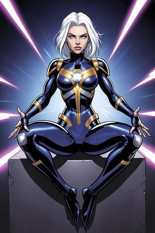 Comic Cover with the Marvel Book Title "X-MEN" at the top. gorgeous superheroine Storm X-men, Artgerm style, Storm, top glossy fabric, tight fitting costume, white hair, bright blue eyes, X-men logo on costume, character reclining, african confident, gorgeous, very elegant, fantasy character art, comic book art