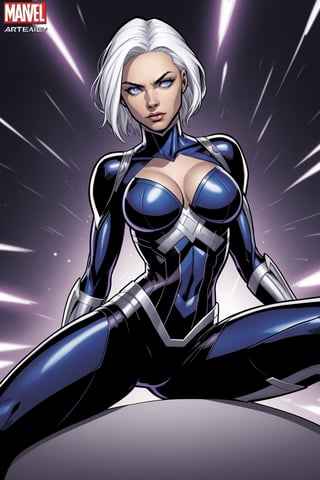 Comic Cover with the Marvel Book Title "X-MEN" at the top. gorgeous superheroine Storm X-men, Artgerm style, Storm, top glossy fabric, tight fitting costume, white hair, bright blue eyes, X-men logo on costume, character reclining, african confident, gorgeous, very elegant, fantasy character art, comic book art