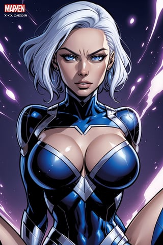 Comic Cover with the Marvel Book Title "X-MEN" at the top. gorgeous superheroine Storm X-men, Artgerm style, Storm, top glossy fabric, tight fitting costume, white hair, bright blue eyes, X-men logo on costume, character reclining, african confident, gorgeous, very elegant, fantasy character art, comic book art,HQ