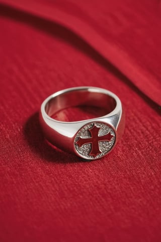 Photo of a silver ring with a cross logo on a red bedclothes 