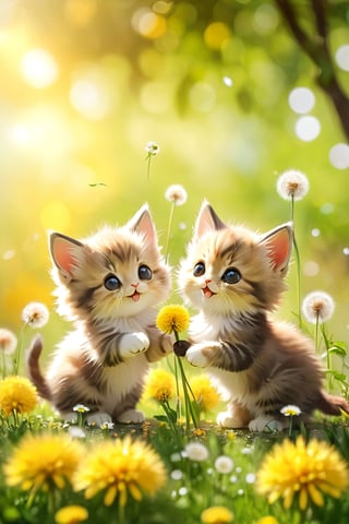 Two cute and fluffy kittens happy,  Dandelions in bloom.light bokeh background, depth of field.