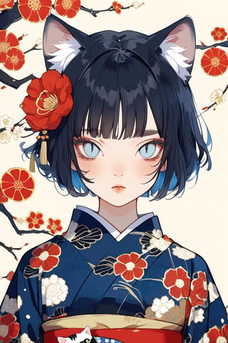 Aesthetic art,2d,dal-3, 1girl, solo,short bob cut hair, black hair, blunt bangs, animal cat ears,round eyebrows, japanese clothes,wide sleeves, kimono,vertical pupil blue eyes, makeup,half-closed eyes, floral print, cat,absurdres