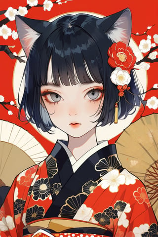 Aesthetic art,2d,dal-3, 1girl, solo,short bob cut hair, black hair, blunt bangs, animal cat ears,round eyebrows, japanese clothes,wide sleeves, kimono,vertical pupil black eyes, makeup,half-closed eyes, floral print, cat,absurdres