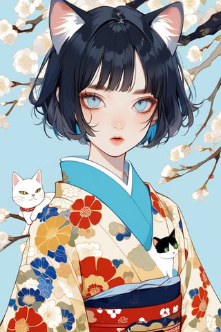 Aesthetic art,2d,dal-3, 1girl, solo,short bob cut hair, black hair, blunt bangs, animal cat ears,round eyebrows, japanese clothes,wide sleeves, kimono,vertical pupil blue eyes, makeup,half-closed eyes, floral print, cat,absurdres