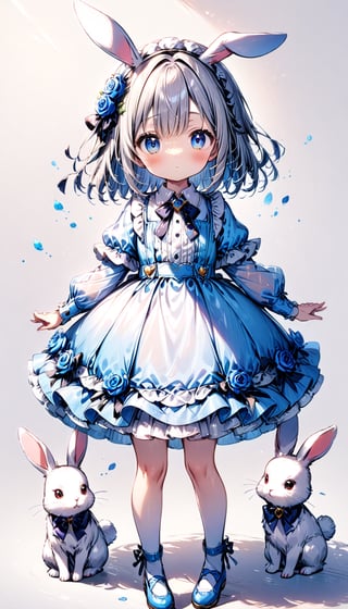 children, 1 girl, solo, white bunny,  blue rose
