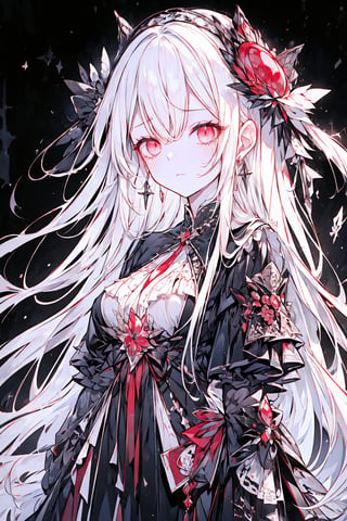 (1girl, long hair, white hair, straight hair, red eyes, detailed eyes, cross earrings, earrings, ruby earrings, 4k, cold expression, contemptuous, standing ), princess, empress, powerful, warrior, fullbody, masterpiece, best quality, Beautifully Aesthetic, black and white themed dress, long dress, black and white and red theme, sandless dress, dark lighting,1 girl, 