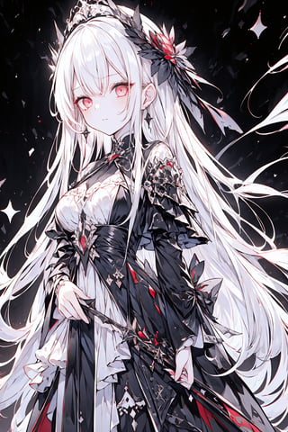 (1girl, long hair, white hair, straight hair, red eyes, detailed eyes, cross earrings, earrings, ruby earrings, 4k, cold expression, contemptuous, standing ), princess, empress, powerful, warrior, fullbody, masterpiece, best quality, Beautifully Aesthetic, black and white themed dress, long dress, black and white and red theme, sandless dress, dark lighting,1 girl, 