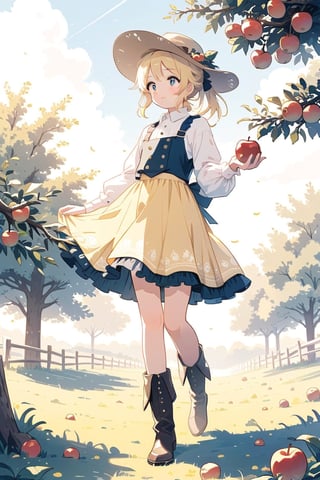 girl picking apples from an apple tree wearing a cowboy outfit with cowboy hat and boots, her yellow hair in a ponytail,cute anime,anime