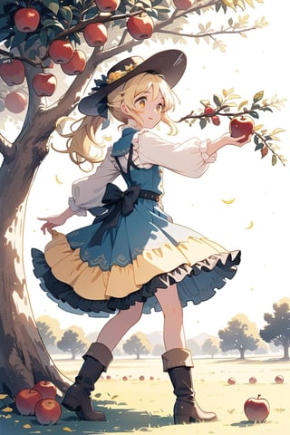 girl picking apples from an apple tree wearing a cowboy outfit with cowboy hat and boots, her yellow hair in a ponytail,cute anime,anime