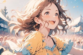 A girl enjoying an outdoor concert, with music pulsing around her and a smile on her face.





,anime