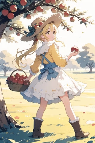 girl picking apples from an apple tree wearing a cowboy outfit with cowboy hat and boots, her yellow hair in a ponytail,cute anime,anime