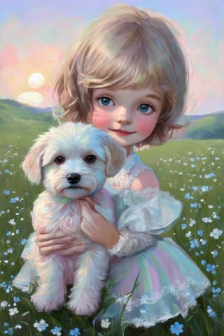 Skinny 5 year old girl, Nordic look with freckles, very detailed sparkling eyes, wearing a lace dress, holding a cute and charming Maremma Sheepdog puppy, Mark Ryden, fog, details: pale slightly coral sunset, bright white and blue mini flowers with delicate translucent petals that give a radiant shine and a mesmerizing image, acrylic ink and pen, fantasy movie poster, cinematic lighting, 32k, correct anatomy, perfect hands, perfect fingers, smoky watercolor, calm atmosphere in the style of Gabriel Pacheco, super detailed masterpiece, favorite on ArtStation, hyperrealism, perfect centered composition, by Tolira.Claude Monet,pastel brushstrokes,Coquette aesthetic