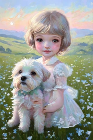 Skinny 5 year old girl, Nordic look with freckles, very detailed sparkling eyes, wearing a lace dress, holding a cute and charming Maremma Sheepdog puppy, Mark Ryden, fog, details: pale slightly coral sunset, bright white and blue mini flowers with delicate translucent petals that give a radiant shine and a mesmerizing image, acrylic ink and pen, fantasy movie poster, cinematic lighting, 32k, correct anatomy, perfect hands, perfect fingers, smoky watercolor, calm atmosphere in the style of Gabriel Pacheco, super detailed masterpiece, favorite on ArtStation, hyperrealism, perfect centered composition, by Tolira.Claude Monet,pastel brushstrokes,Coquette aesthetic