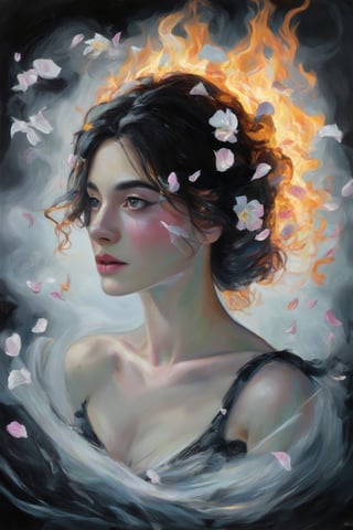 A dreamy portrait of a woman emerges from a swirling vortex of black and white smoke, as if conjured by the ethereal dance of embers. Her features are shrouded in mystery, with delicate petals of surrealistic flowers floating around her head like wisps of thought. The composition is set against a soft, faizian haze, with warm lighting that casts a mesmerizing glow on her enigmatic face.,Coquette aesthetic,Claude Monet,pastel brushstrokes